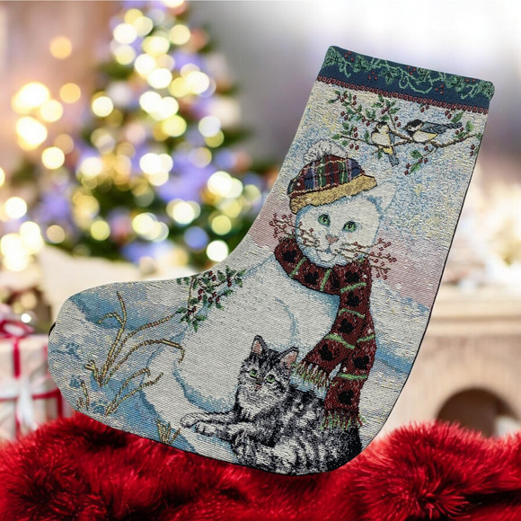 Tapestry Cat Snowman Tabby Kitty Cat Christmas Stocking Holiday Winter Festival - Picture 1 of 5
